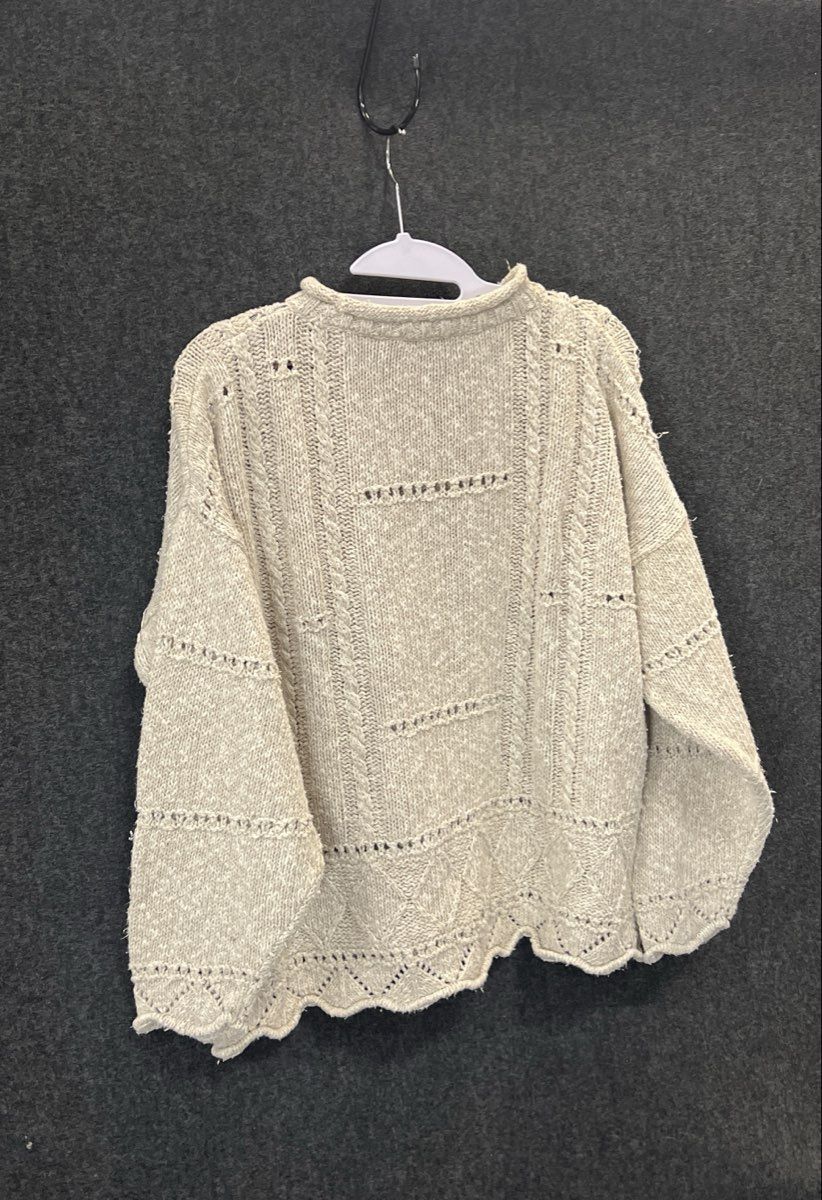 Tivoli Women's Vintage 90s Beige Pointelle Cable Knit Scalloped Sweater Sz M