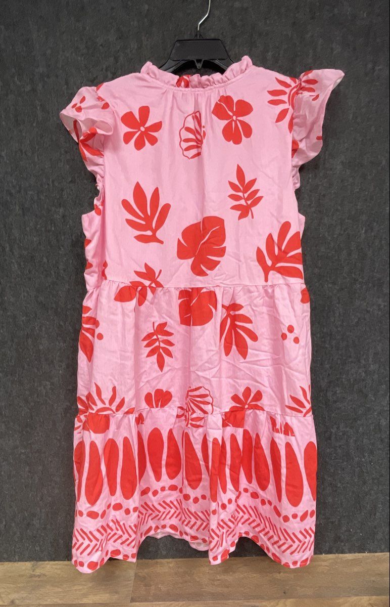 Skies Are Blue Curvy Women's Pink Red Tropical Floral Tiered Midi Dress NWT 1X