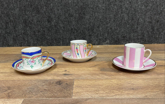 A Special Place Demitasse Cup Saucer Set 3 Lot Floral Striped Gold Trim 2003