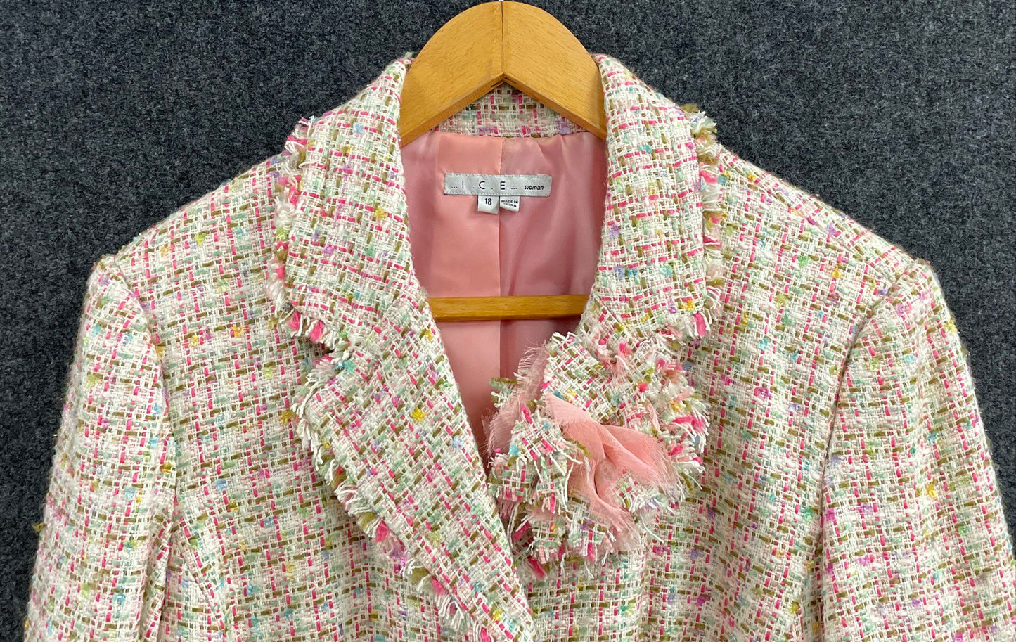 I.C.E. Woman Women's Pink Multicolor Boucle Tweed Fringed Blazer Jacket Sz 18