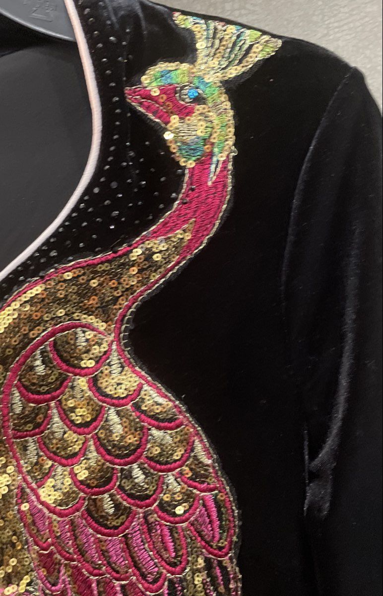 Vifeinidi Women's Black Velvet Sequin Peacock Long Sleeve Tunic Dress Rhinestone