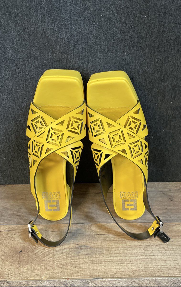 Emanuele Crasto Yellow Leather Cut-Out Platform Heels Made In Italy Size 40