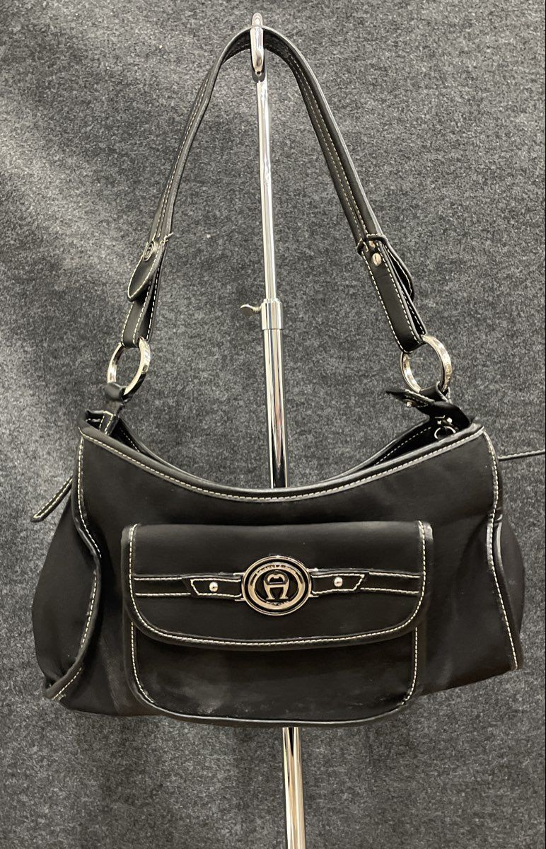 Etienne Aigner Black Canvas Leather Trim Shoulder Bag Silver Logo Hardware