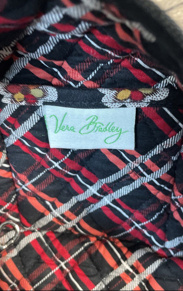 Vera Bradley Black Floral Quilted Cotton Satchel Handbag Red Plaid Lining