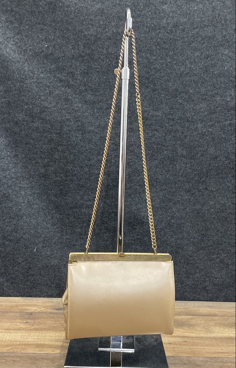 Vintage Andrew Geller Tan Leather Frame Clutch Shoulder Bag Gold Chain