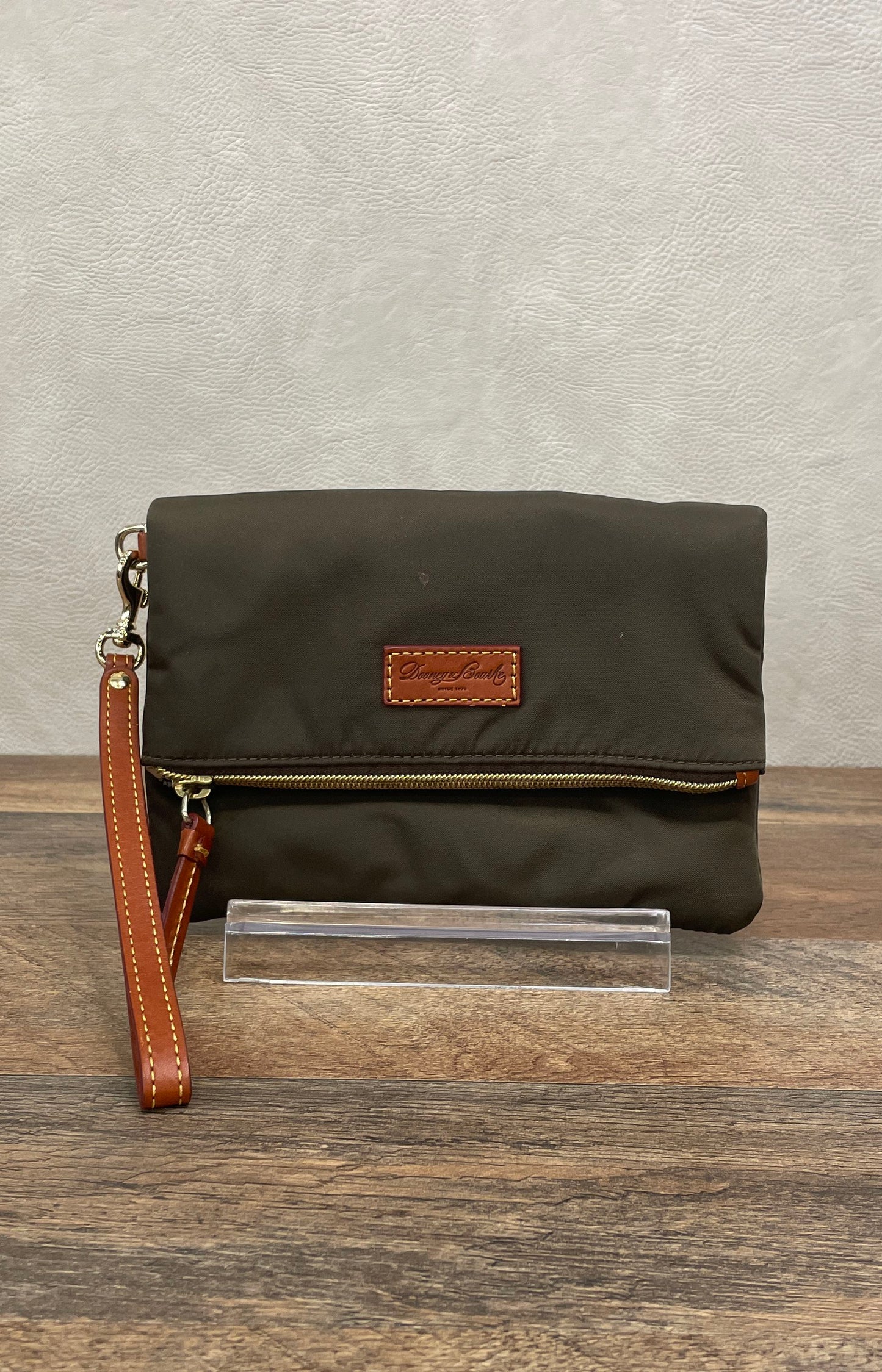 Dooney & Bourke Brown Nylon Leather Trim Wristlet Pouch Bag Gold Hardware
