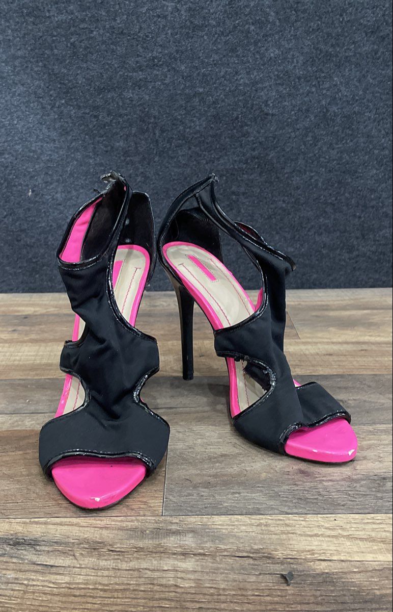 BCBG Paris Black Neon Pink Cutout Open Toe High Heel Sandals Women's Size 10
