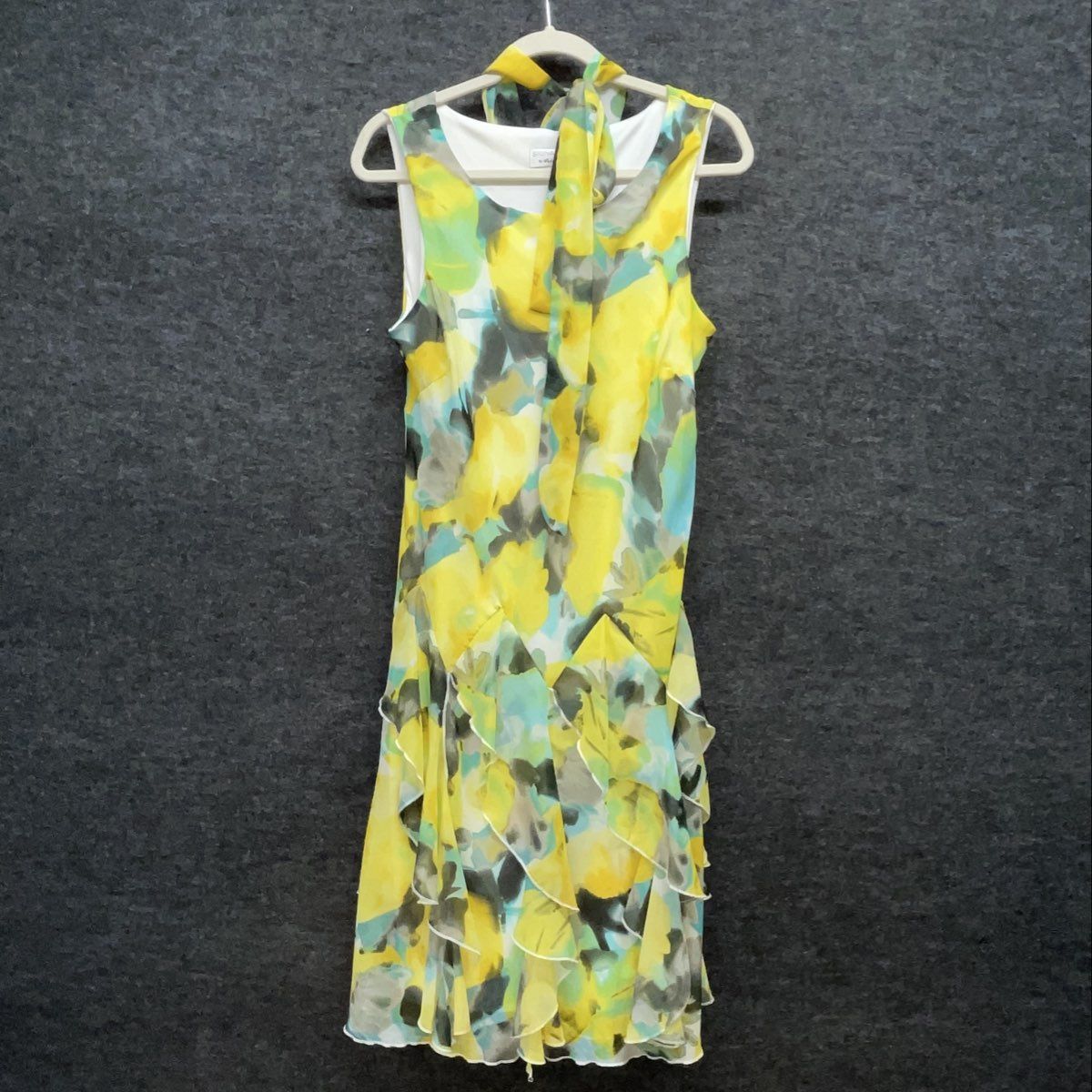 Robbie Bee Women's Yellow Floral Tiered Ruffle Tie Neck Dress Size M