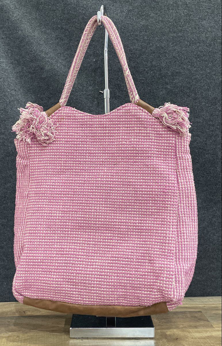 Nadia B Pink Woven Handcrafted Diamond Pattern Tote Bag Large Tassels