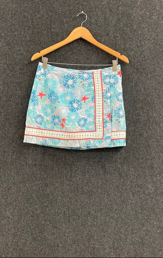 Lilly Pulitzer Women's Blue Coral Starfish Sea Life Print Skirt Lace Trim Sz 2