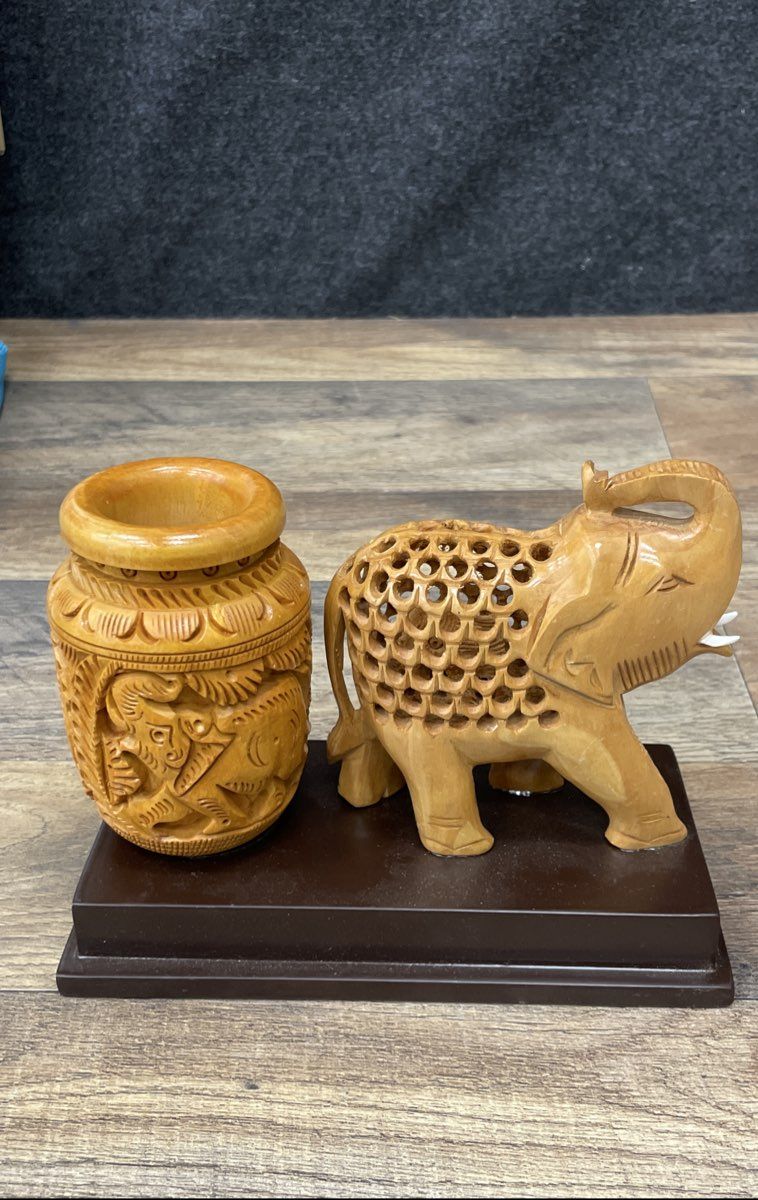 Carved Wood Elephant Figurine Lot Jali Lattice Work & Pot on Base Vintage 2pc