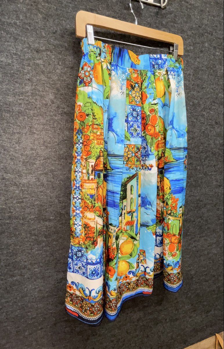 Women's Blue Majolica Mediterranean Lemon Print Pleated Midi Skirt Tie Waist