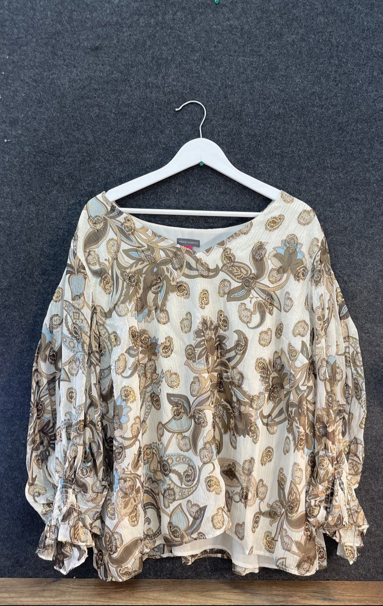 Vince Camuto Women's Paisley Balloon Sleeve Chiffon Metallic Top Sz 2X NWT Birch