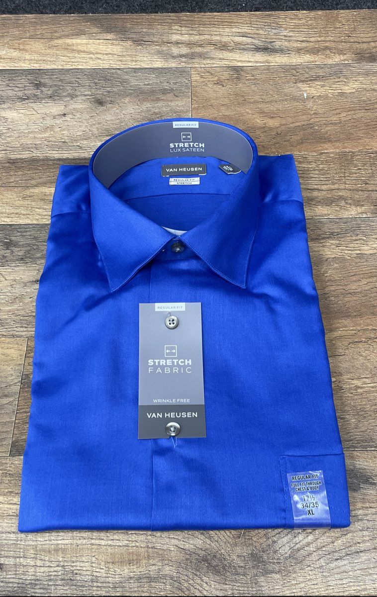 Van Heusen Men's Balard Blue Stretch Lux Sateen Dress Shirt XL 17.5 34/35 NWT