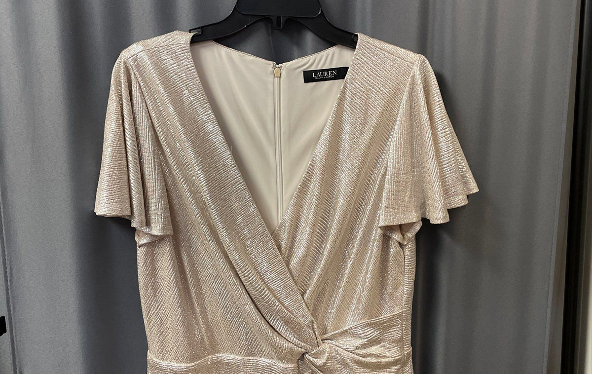 Lauren Ralph Lauren Women's Metallic Faux Wrap Dress Champagne Silver Sz 14