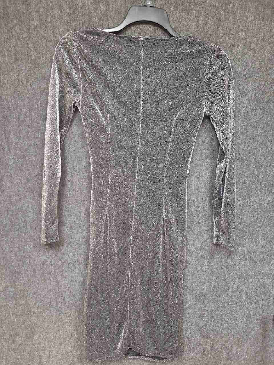 White House Black Market Women's Dress Silver Metallic Ruched Surplice Sz 0