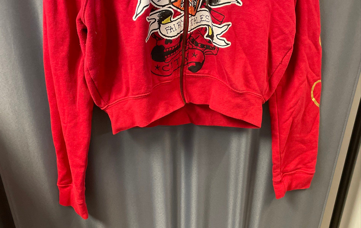 Ed Hardy Women's Red Broken Hearts Tattoo Graphic Eagle Crop Zip Up Hoodie Sz XL