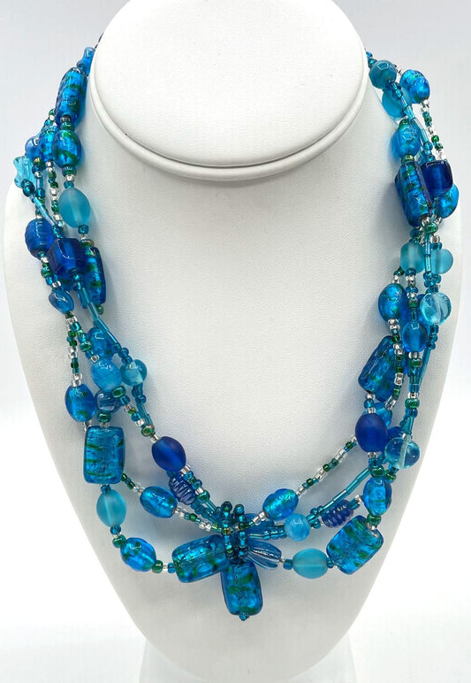 925 Clasp Blue Glass Bead Multi-Strand Chunky Necklace 106g