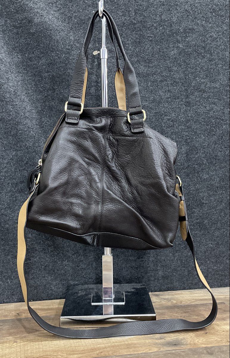 Brown Pebbled Leather Tote Satchel Bag Gold Hardware Adjustable Strap Large