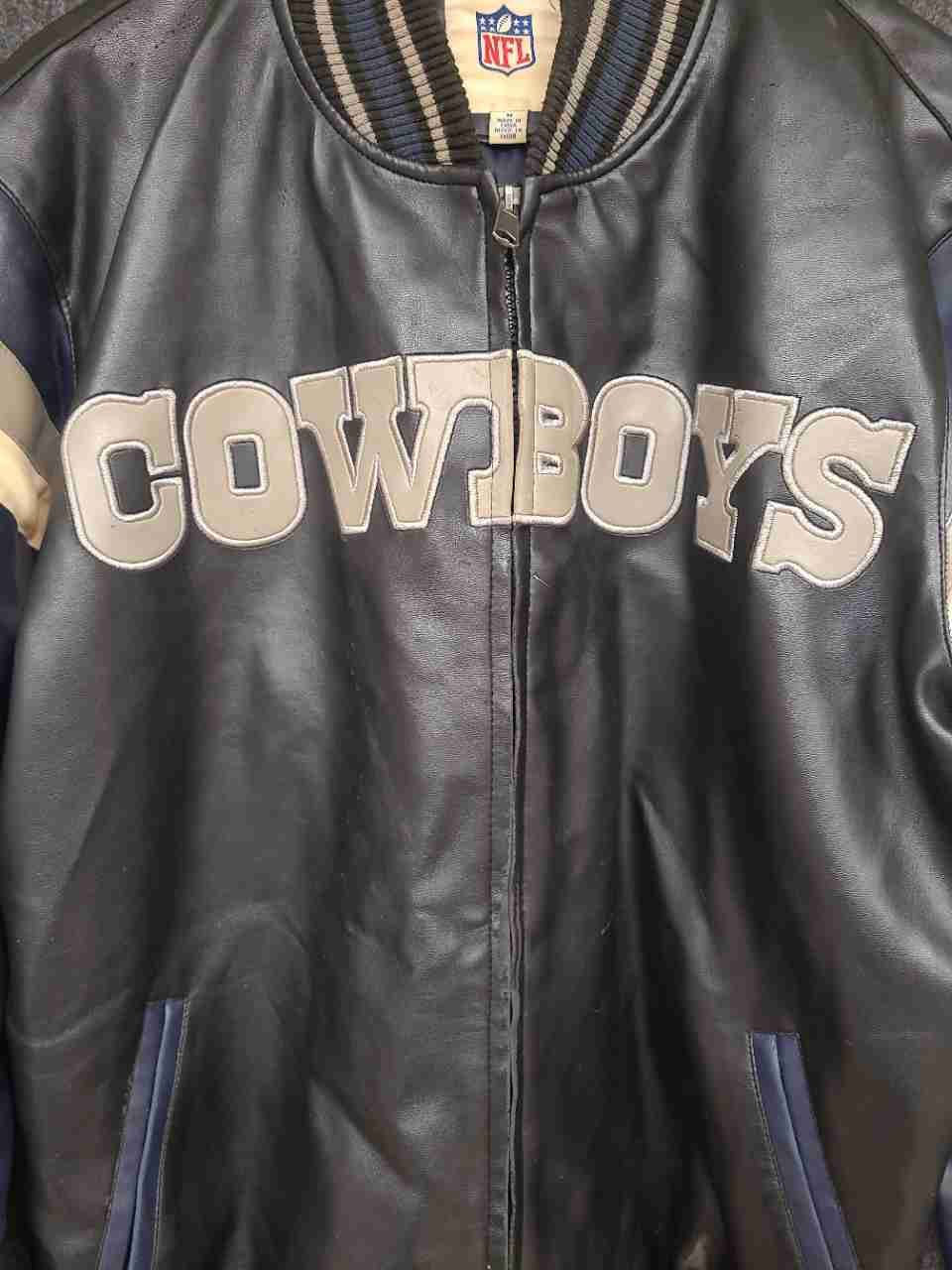 G-III NFL Men's Dallas Cowboys Faux Leather Varsity Jacket Navy Blue Sz M