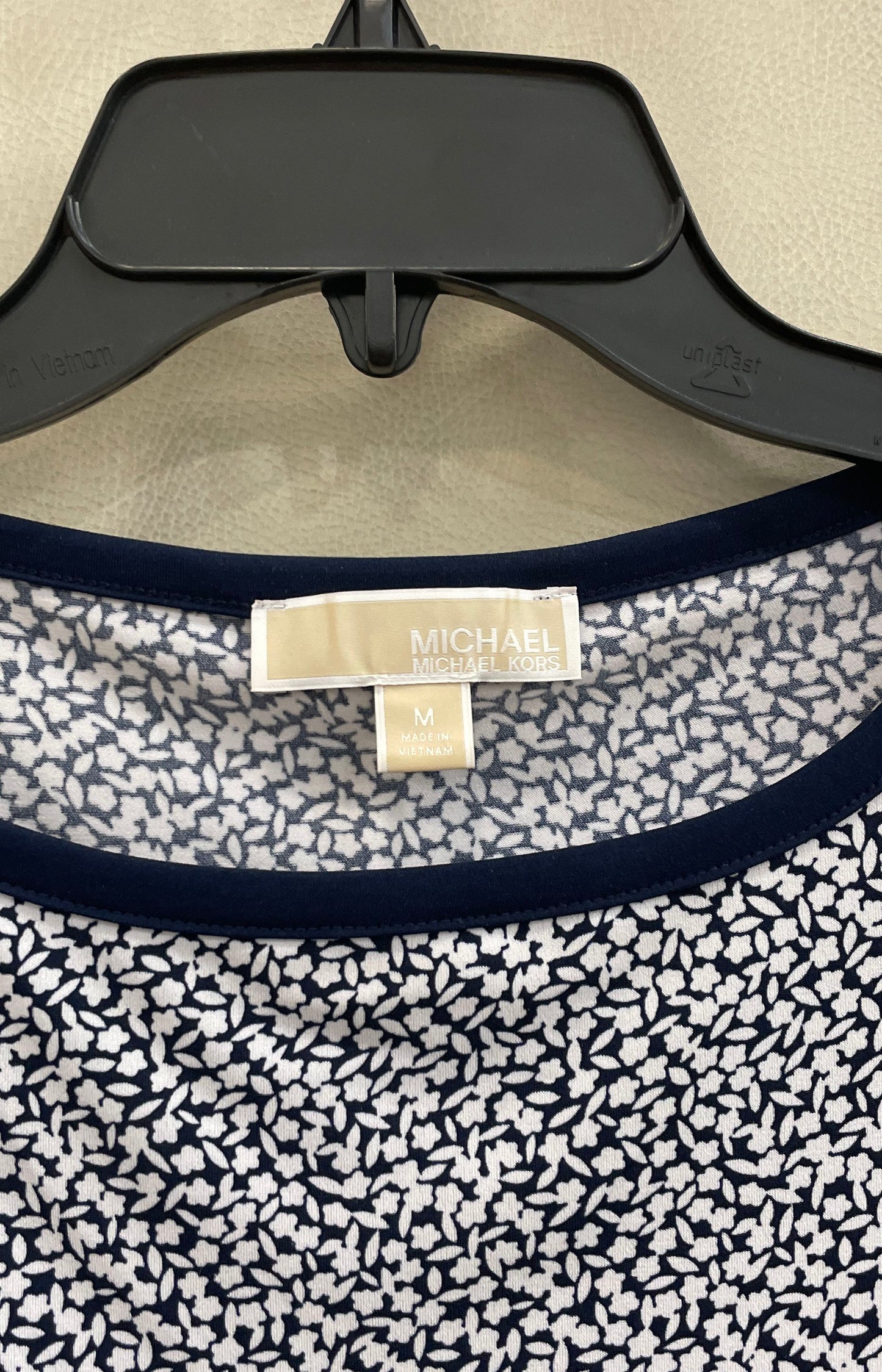 Michael Kors Women's Navy Blue White Floral Shift Dress Striped Hem Stretch Sz M