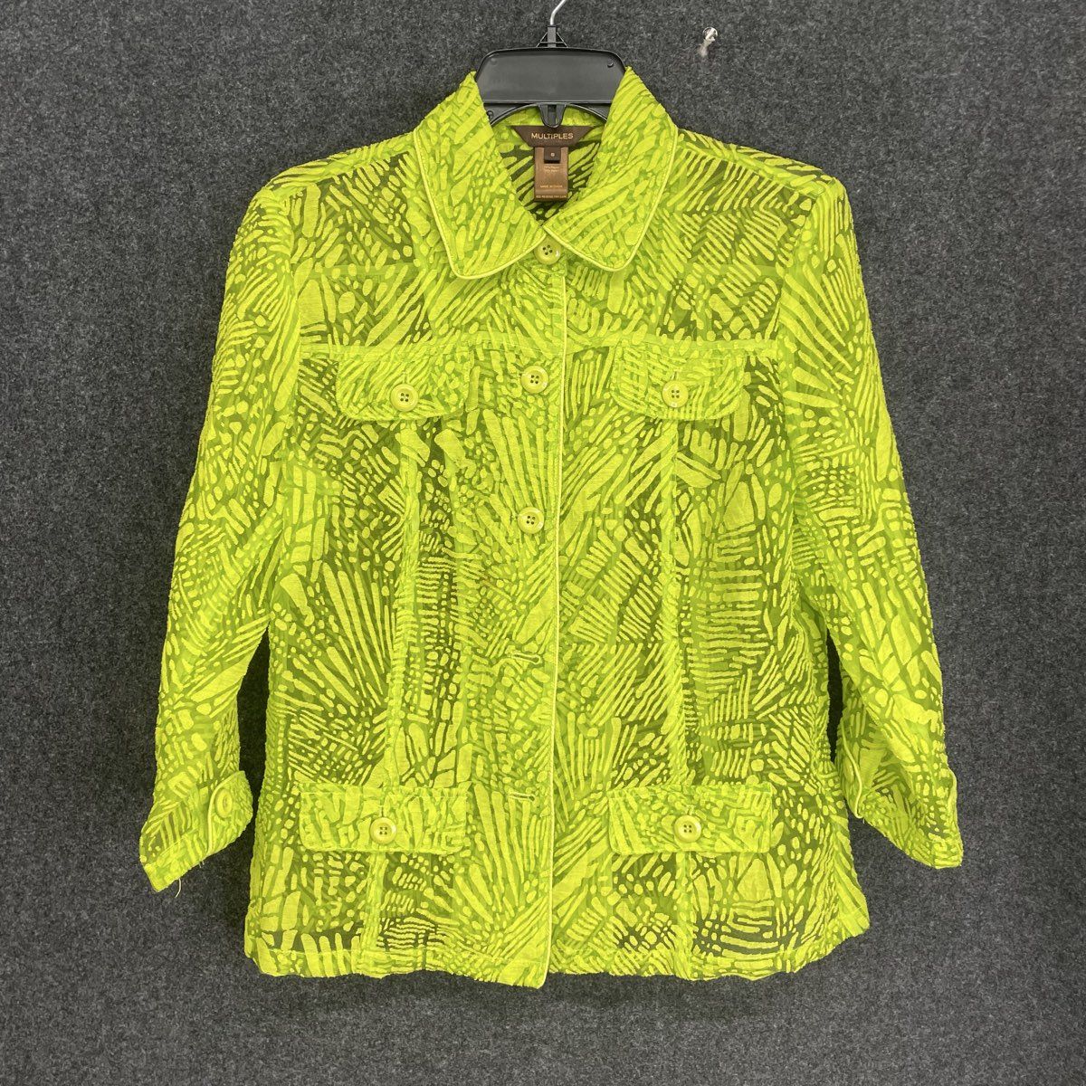 Multiples Women's Neon Green Abstract Burnout Button Up Shirt Jacket Sz S