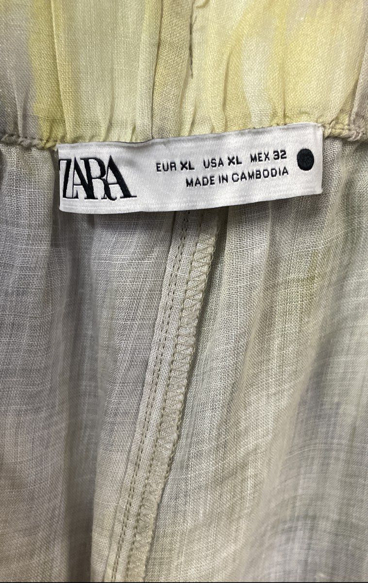 Zara Women's 2-Piece Set Yellow Gray Watercolor Shirt Wide Leg Pants Sz XL