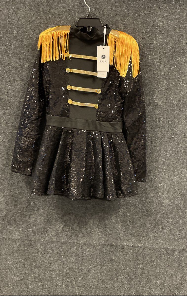 iEFiEL Girls Black Gold Sequined Circus Ringmaster Costume Dress NWT Sz 10