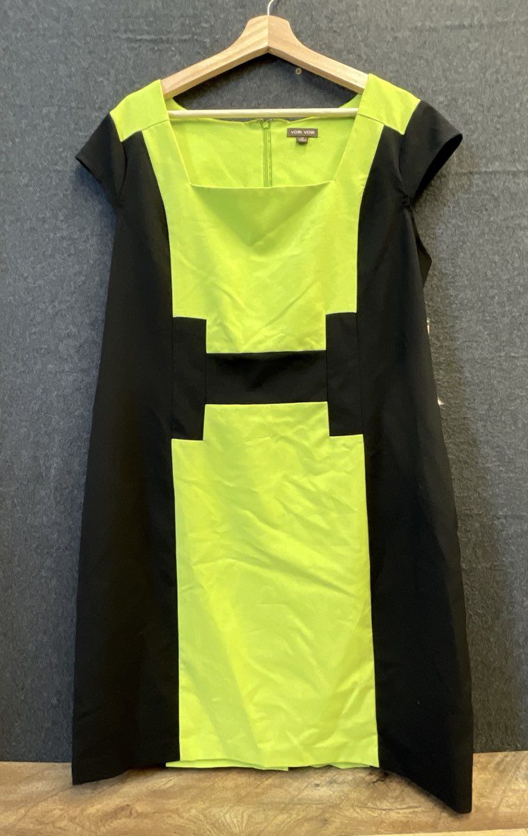Voir Voir Women's Neon Green Black Geometric Colorblock Shift Dress NWT Sz 14