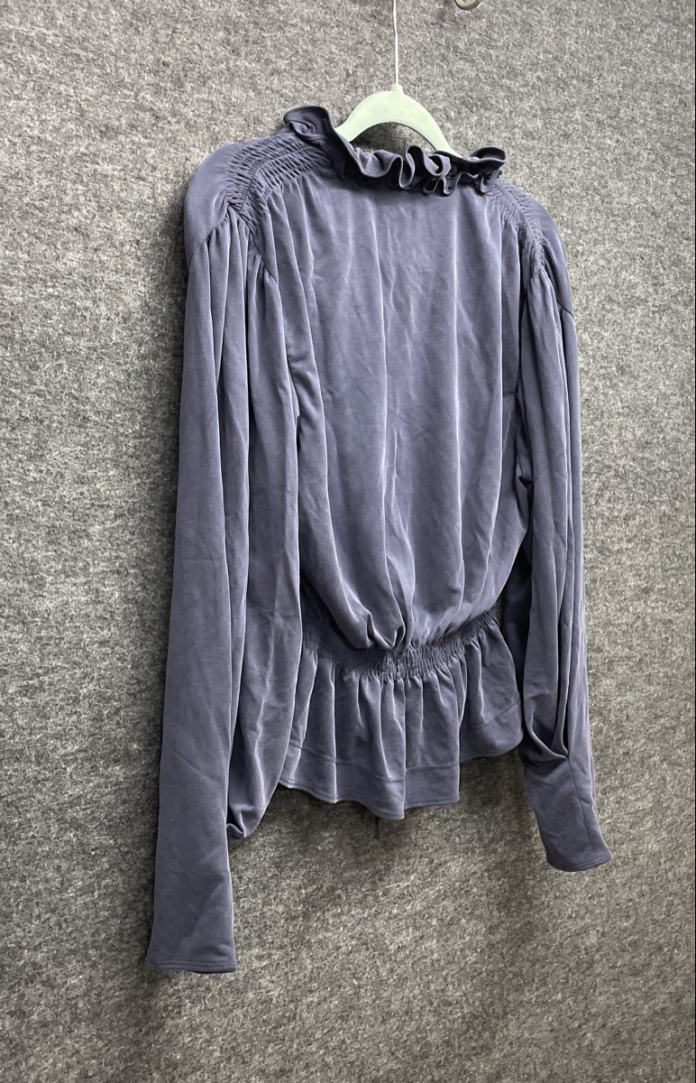 Rebecca Taylor Women's Navy Sandwash Cupro V-Neck Ruffle Pullover Sz M NWT