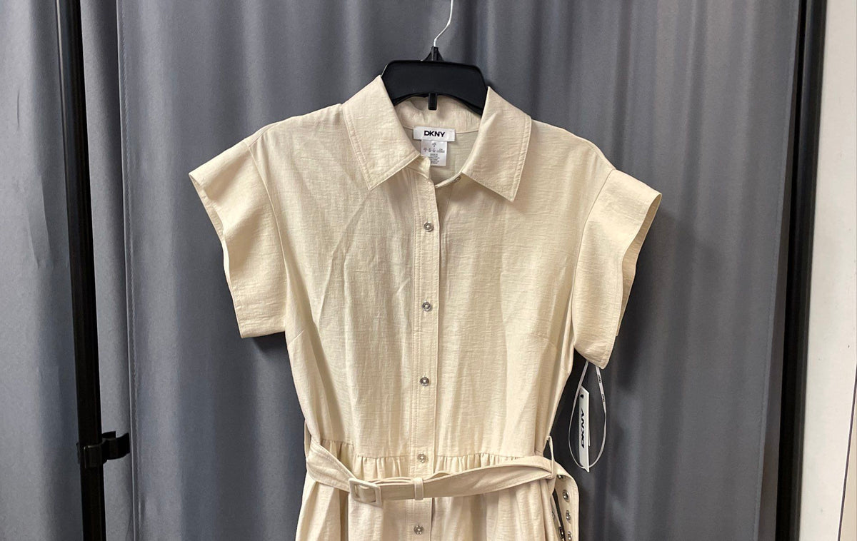DKNY Women's Beige Lyocell Blend Grommet Belted Button-Up Dress Sz 4 NWT