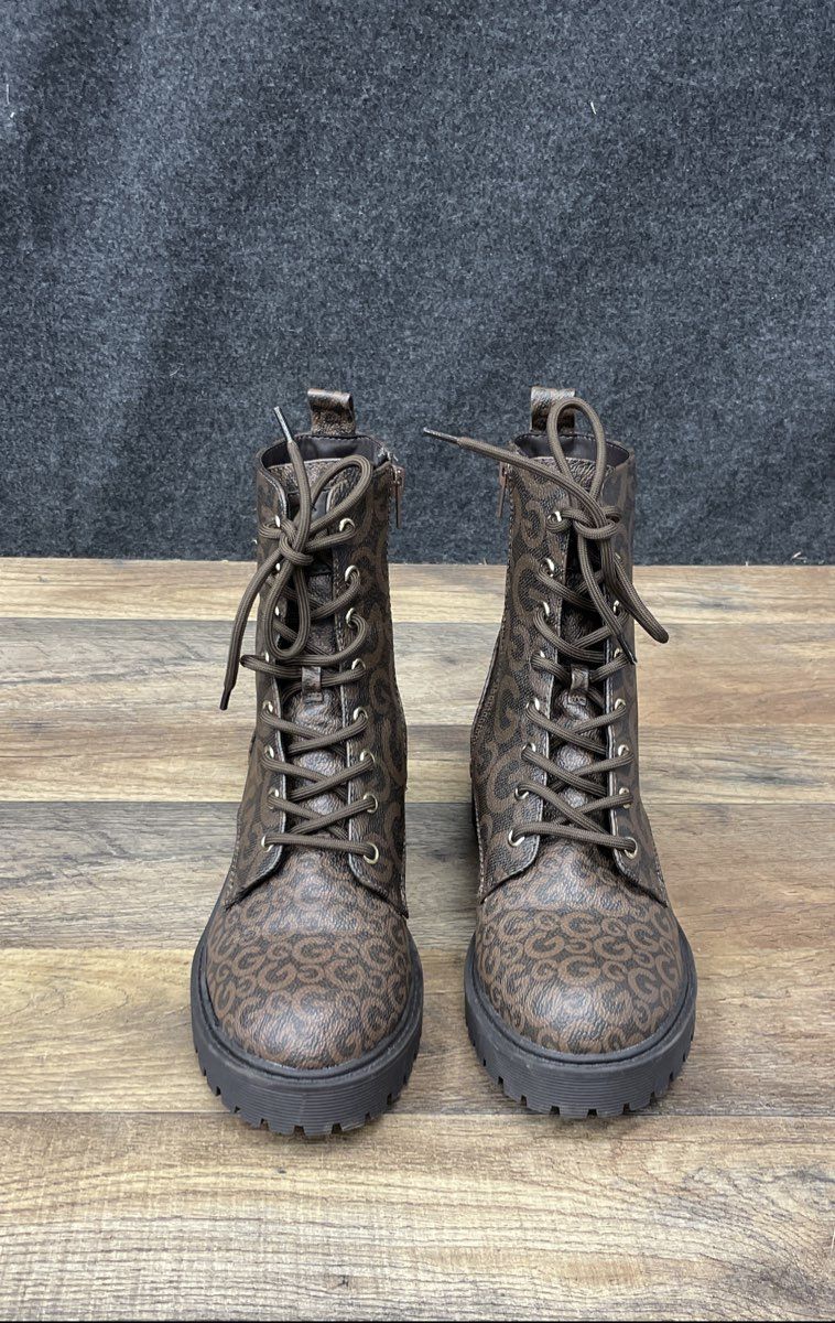 GBG Los Angeles Raven Brown Monogram G Logo Combat Boots Women's Size 7.5