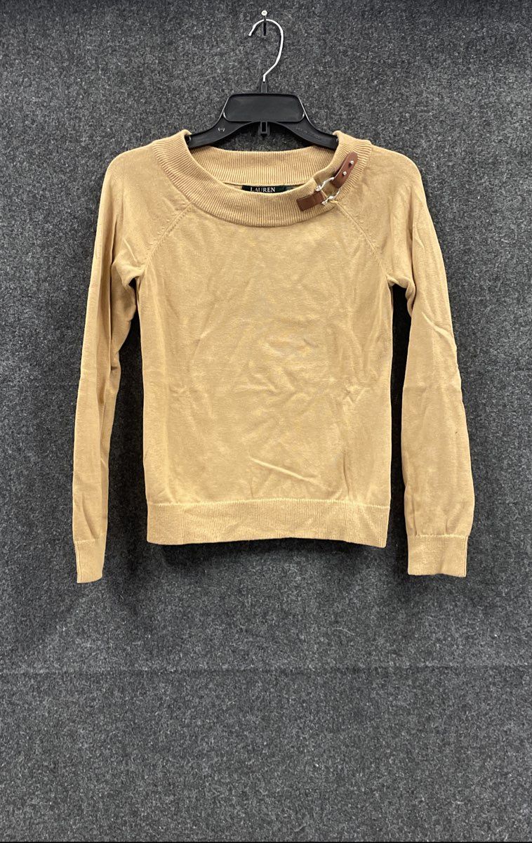 Lauren Ralph Lauren Women's Camel Brown Leather Buckle Neck Cotton Sweater Sz S
