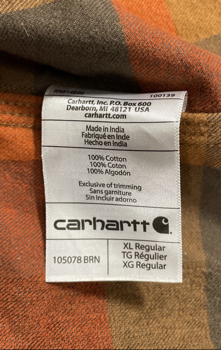 Carhartt Men's Orange Brown Plaid Loose Fit Heavyweight Flannel Shirt Sz XL