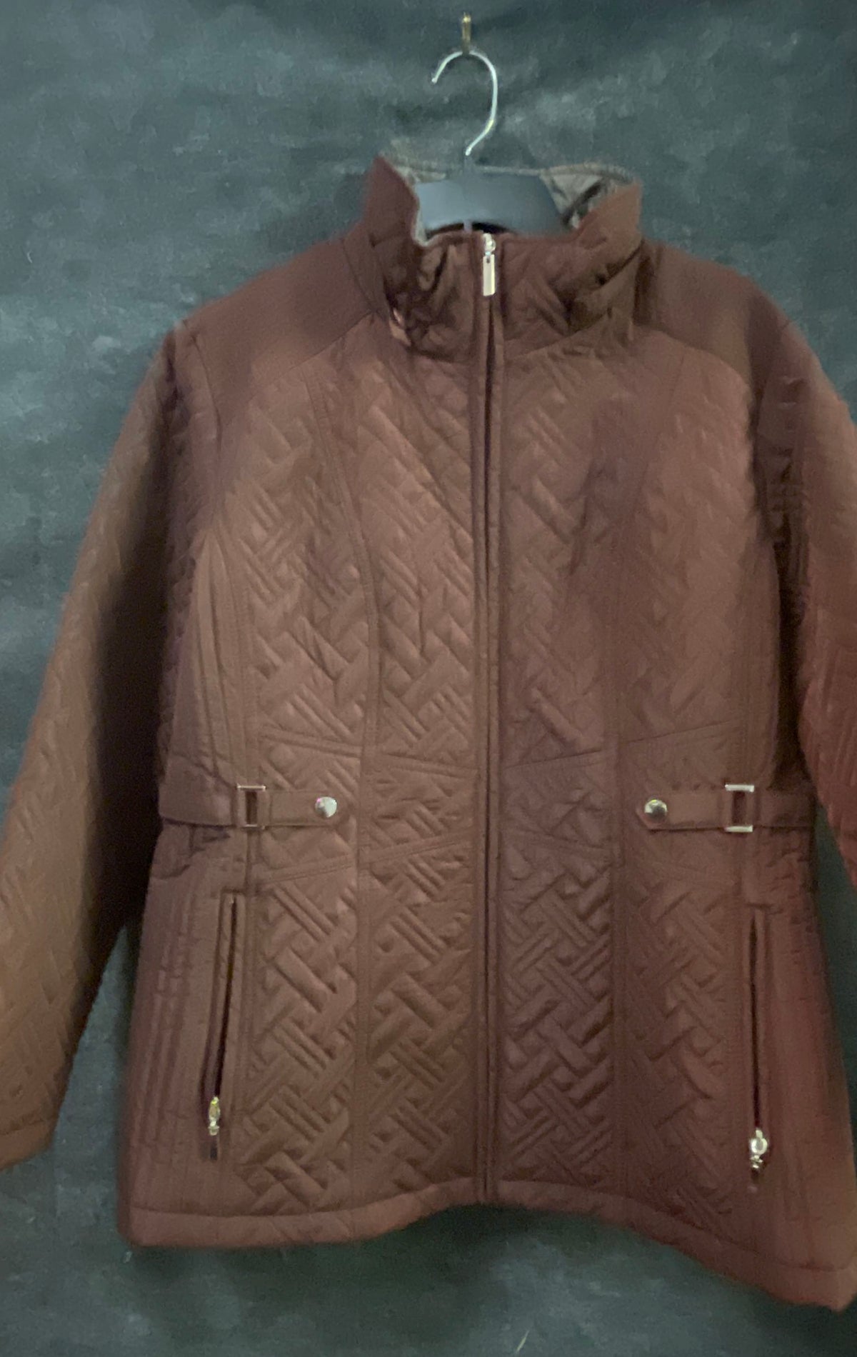 Giacca Women's Brown Quilted Basketweave Full Zip Mock Neck Jacket Sz L
