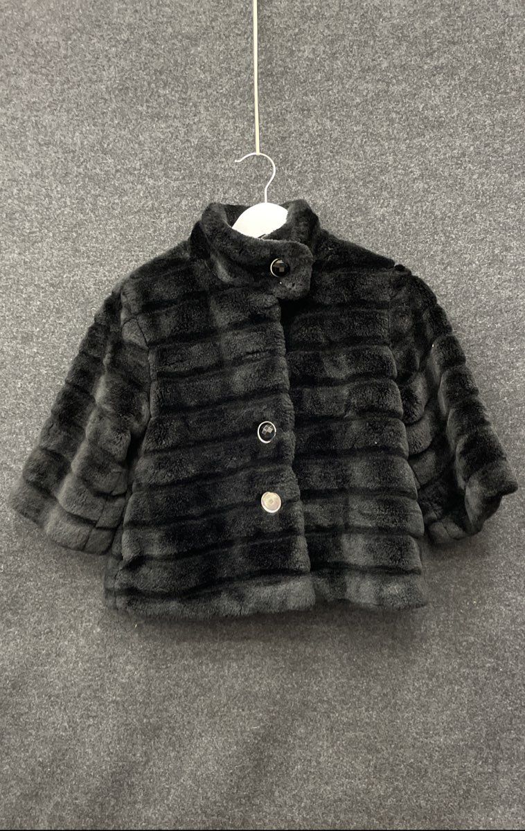 Cherokee Girls Black Faux Fur Ribbed Tiered Decorative Button Up Coat Sz 10/12