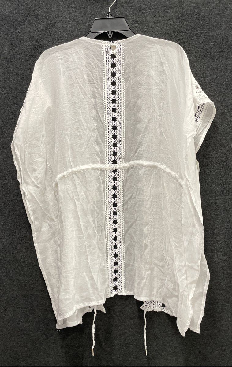 Elan Women's White Boho Cinch Waist Lace Trim Kimono Cardigan Cover-Up Sz S