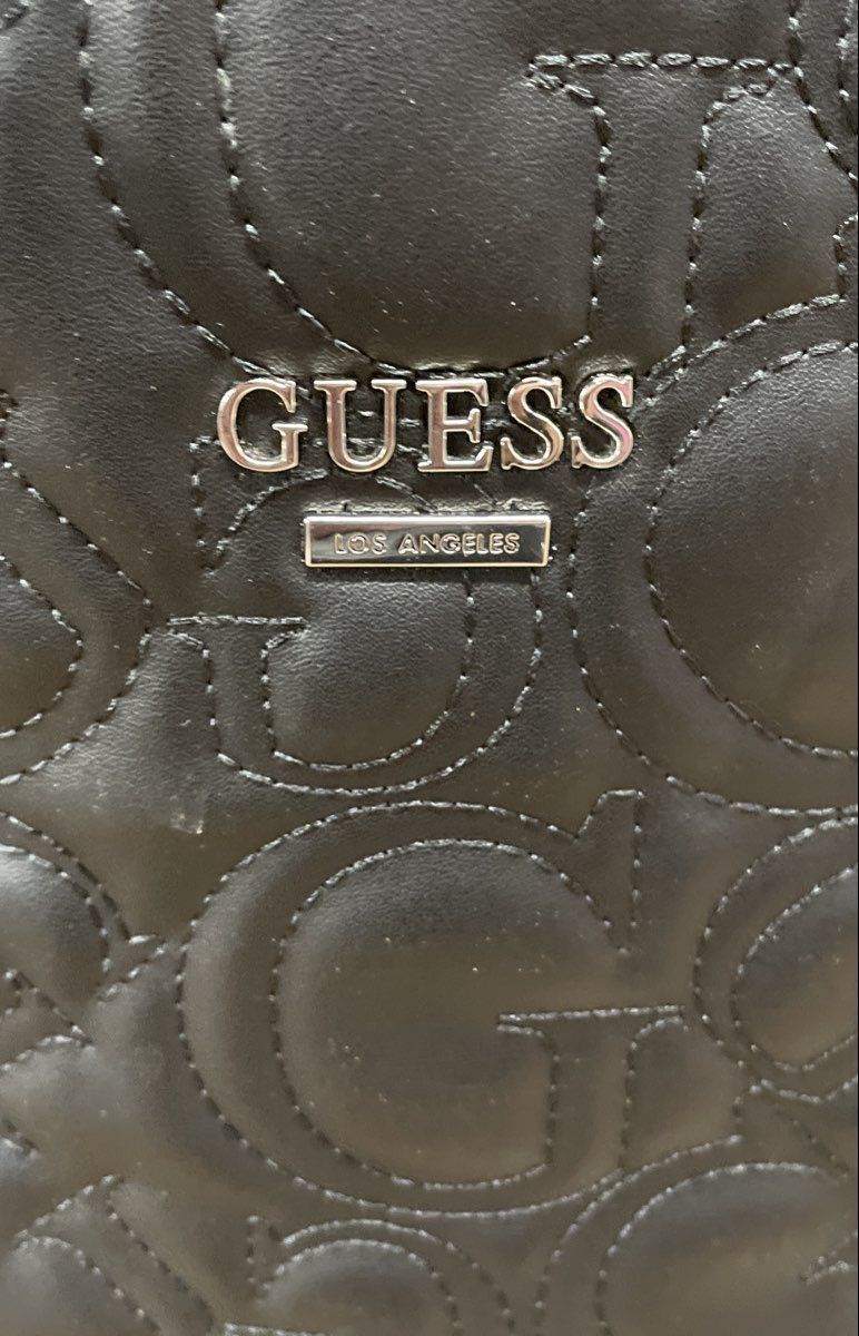 Guess Black Leather Quilted Monogram G Logo Tote Bag Silver Hardware