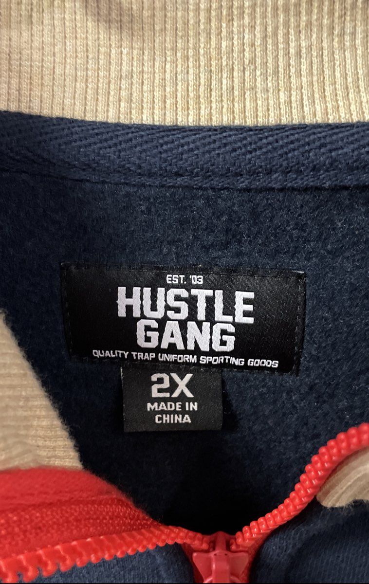 Hustle Gang Men's Full Zip Track Jacket Navy Blue Tan Elbow Patches Sz 2XL