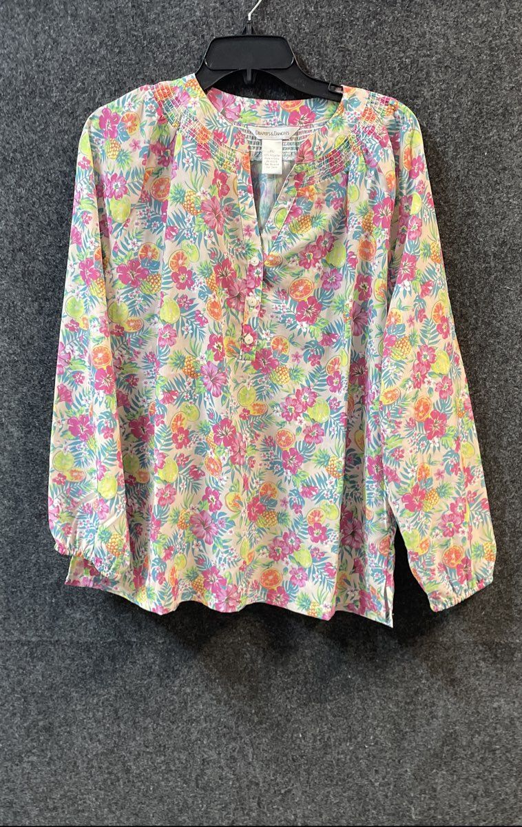 Draper's & Damon's Women's Multicolor Tropical Fruit Print Smocked Blouse Sz XL