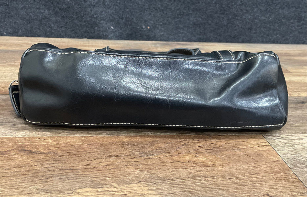Vintage Duck Head Black Leather Top Handle Shoulder Bag Silver Hardware