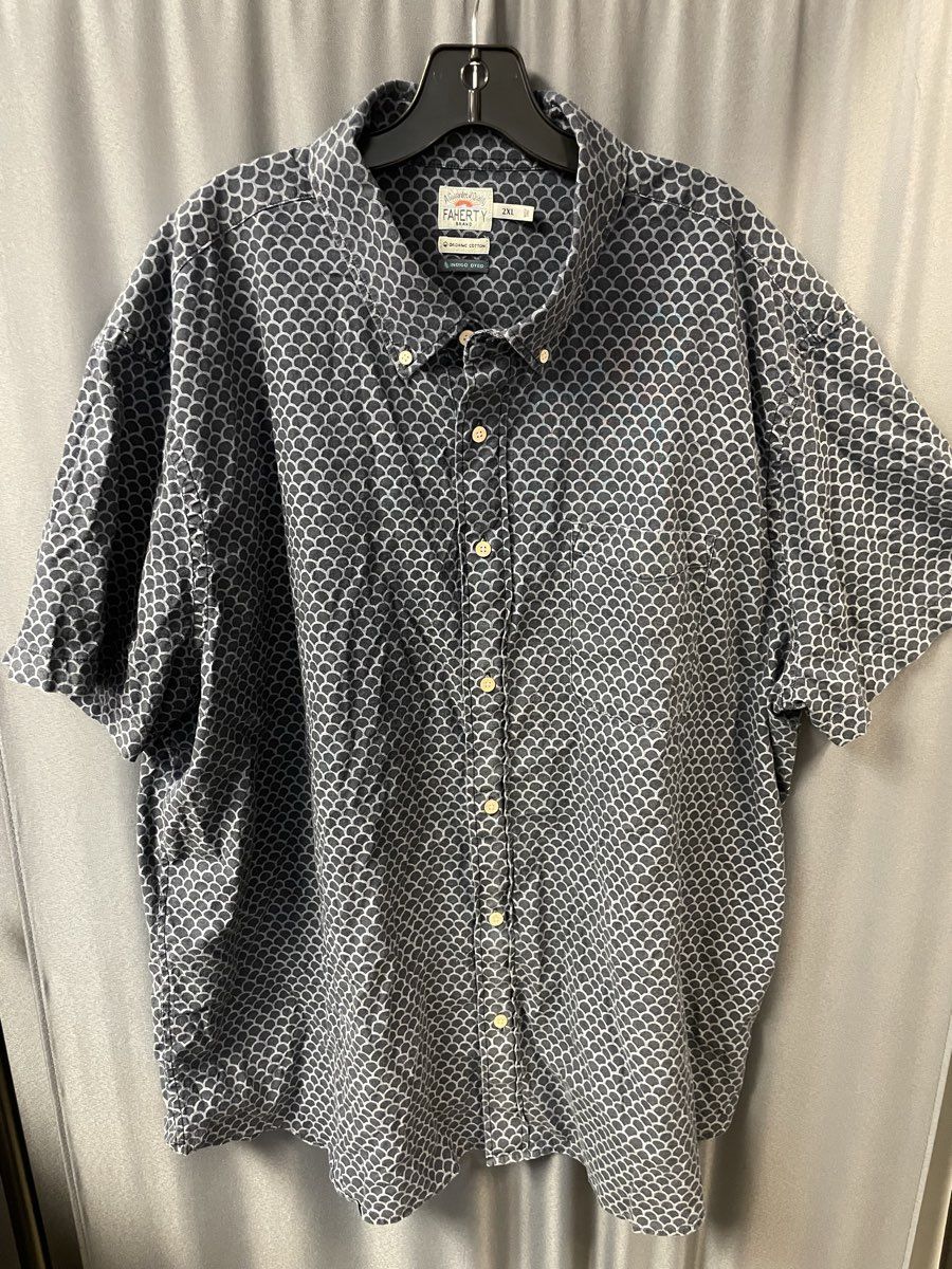 Faherty Men's Navy Fishscale Playa Shirt Indigo Dyed Organic Cotton Stretch 2XL