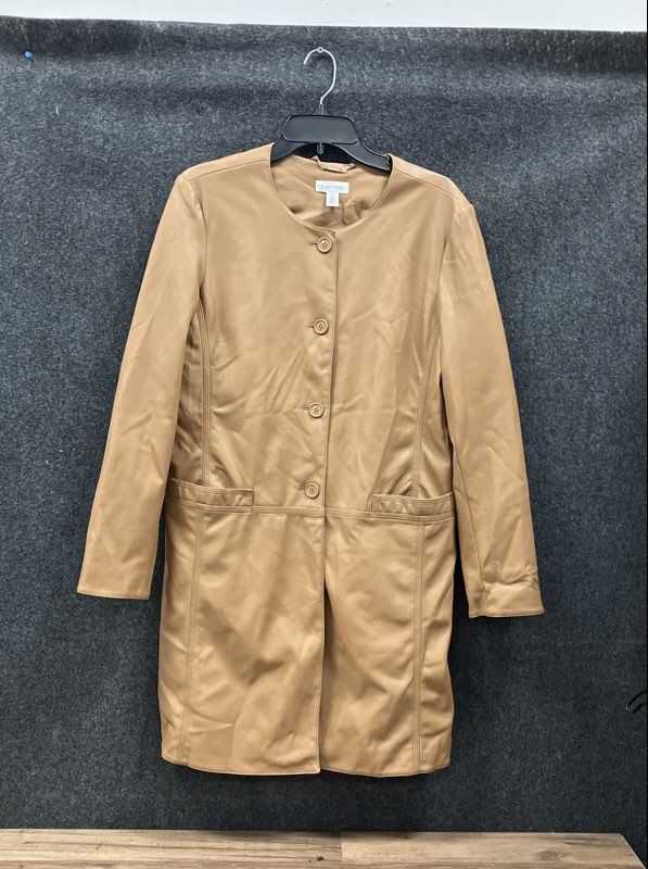 Calvin Klein Women's Tan Faux Leather Collarless Button Front Jacket Sz M
