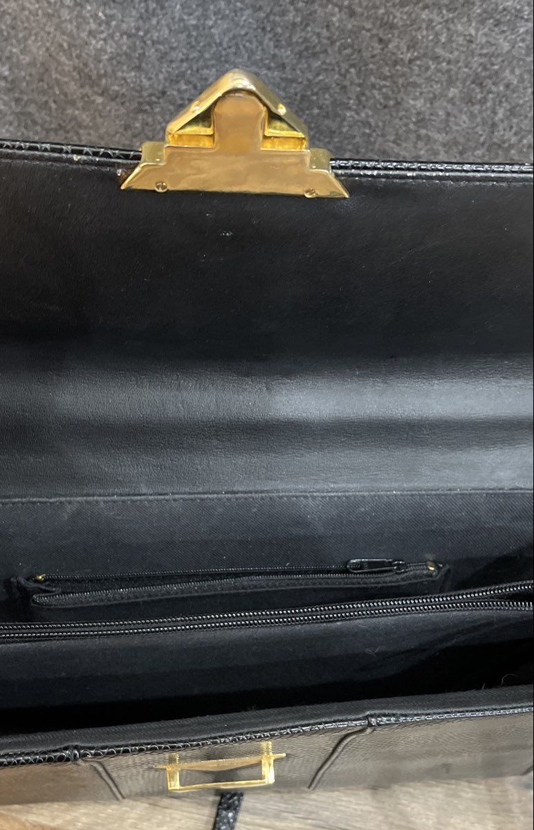 Vintage 80s Black Lizard Embossed Top Handle Crossbody Bag Gold Hardware