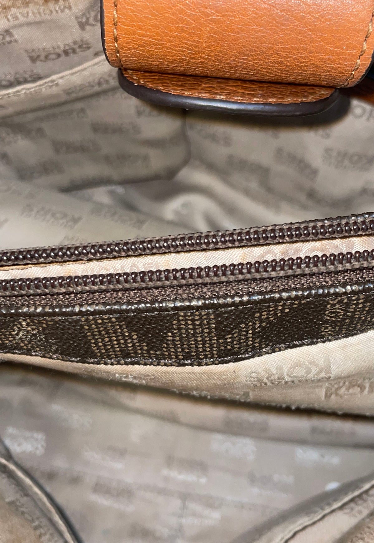 Michael Kors Brown Monogram Signature Satchel Tote Handbag Gold Hardware