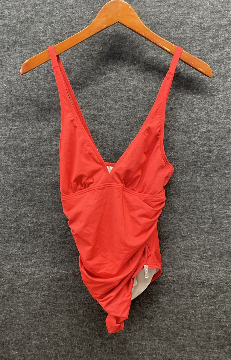DKNY Women's Red Ruched V-Neck One Piece Swimsuit Adjustable Straps Sz 8