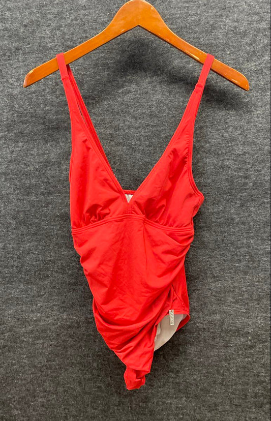 DKNY Women's Red Ruched V-Neck One Piece Swimsuit Adjustable Straps Sz 8
