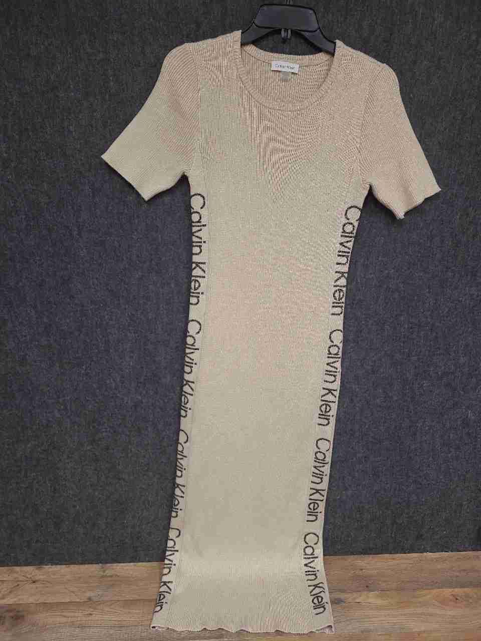 Calvin Klein Women's Beige Gold Ribbed Metallic Logo Tape Midi Dress Sz M