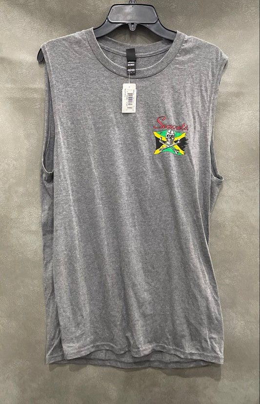 District Men's Gray Seacrets Bar & Grill Skull Graphic Sleeveless Shirt NWT Sz L