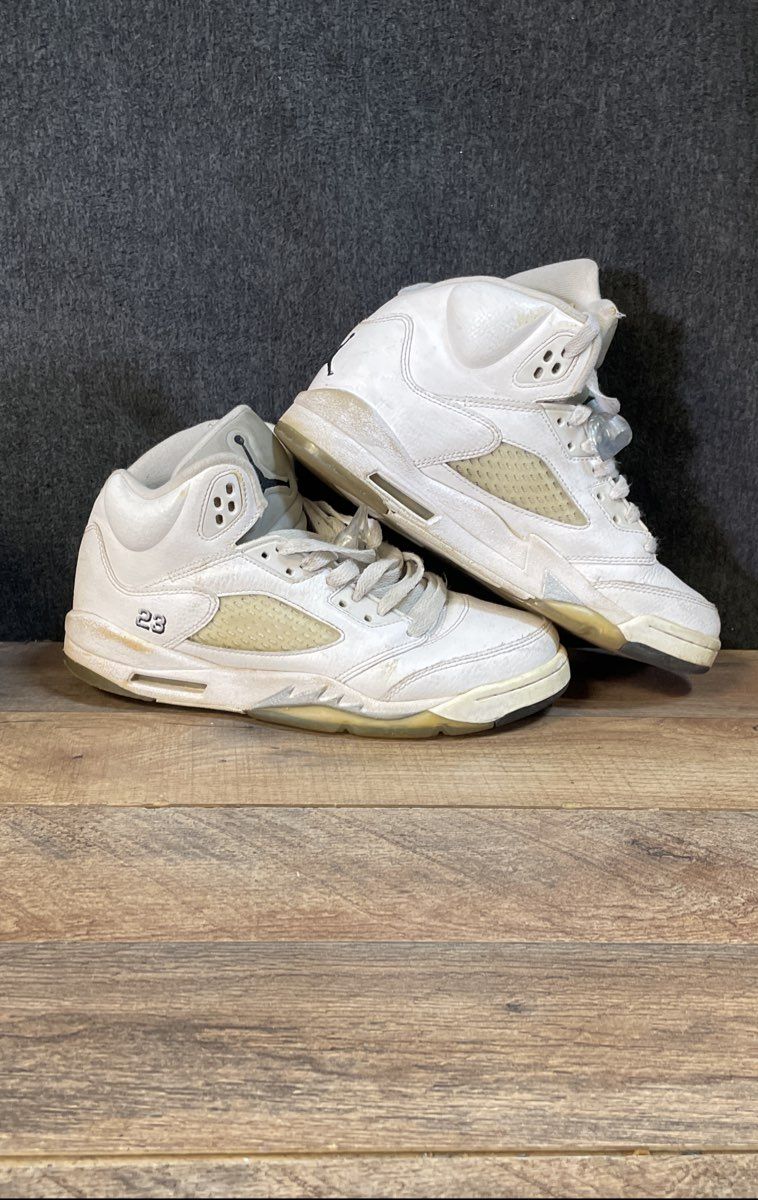 Nike Air Jordan 5 Retro White Metallic Silver Basketball Shoes Size 6Y
